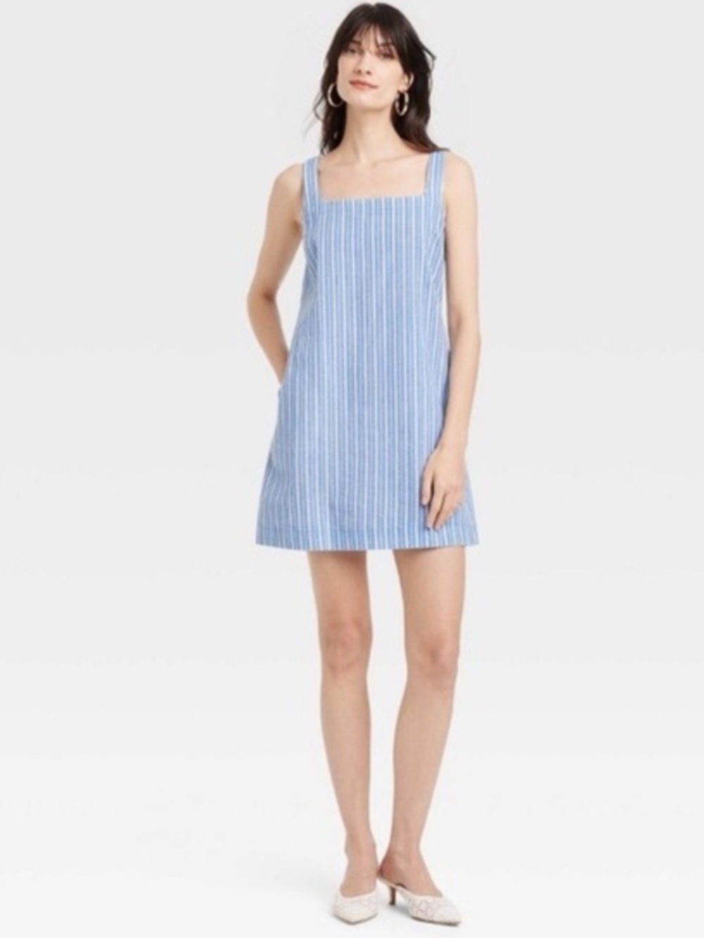 New Day Blue White Striped Square Neck
Linen Blend Mini Dress Pockets  X-Large